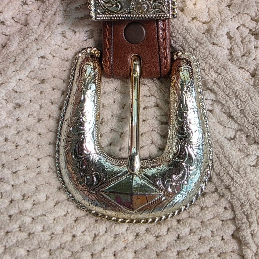 Cinch by Lyntone Western Belt Brown Leather Engraved Buckle Mens 38 Good